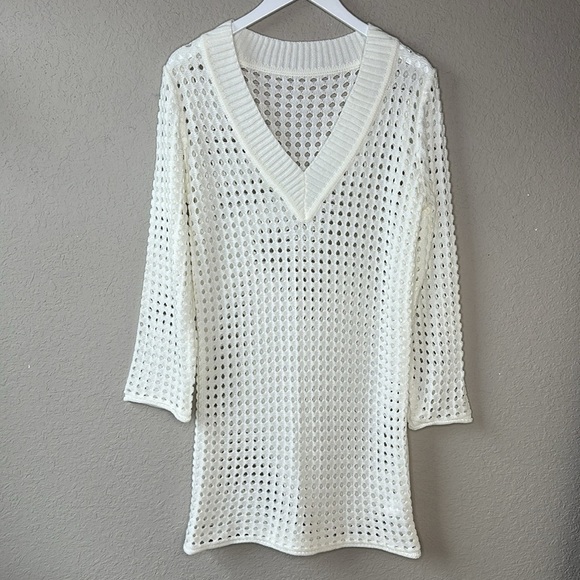 Women's Unbranded Off White Long Sleeve Open Knit Swim Coverup Dress Size Small - Picture 1 of 11